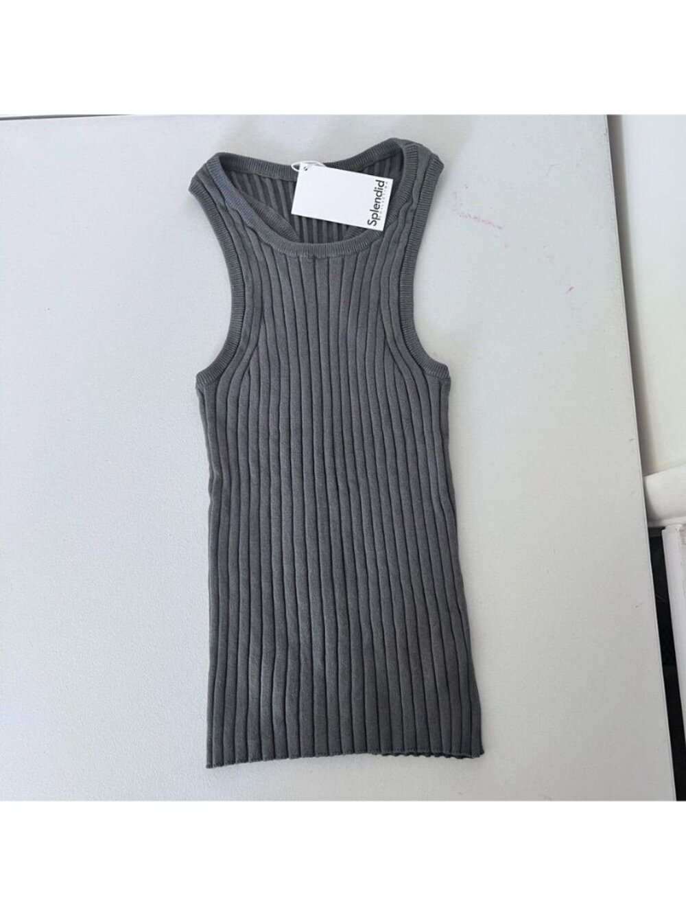 Boho Women Sz L Chunky Ribbed Racerback Tank Top Olive Green Coastal Minimalist - Picture 10 of 11